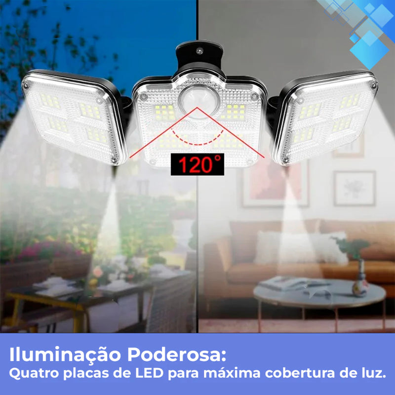Refletor LED Solar com 3 Cabeças - Iluminação Automática com Sensor de Movimento