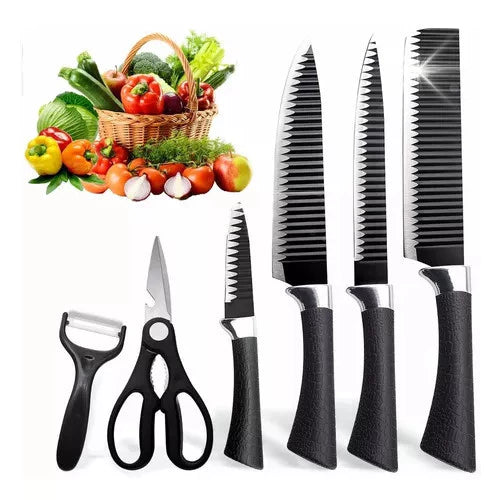 Kit de Facas de Cozinha e Churrasco 6 Peças – Aço Carbono Antiaderente com Cabo Ergonômico