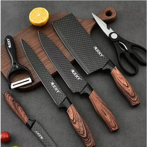 Kit de Facas de Cozinha e Churrasco 6 Peças – Aço Carbono Antiaderente com Cabo Ergonômico