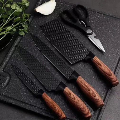 Kit de Facas de Cozinha e Churrasco 6 Peças – Aço Carbono Antiaderente com Cabo Ergonômico